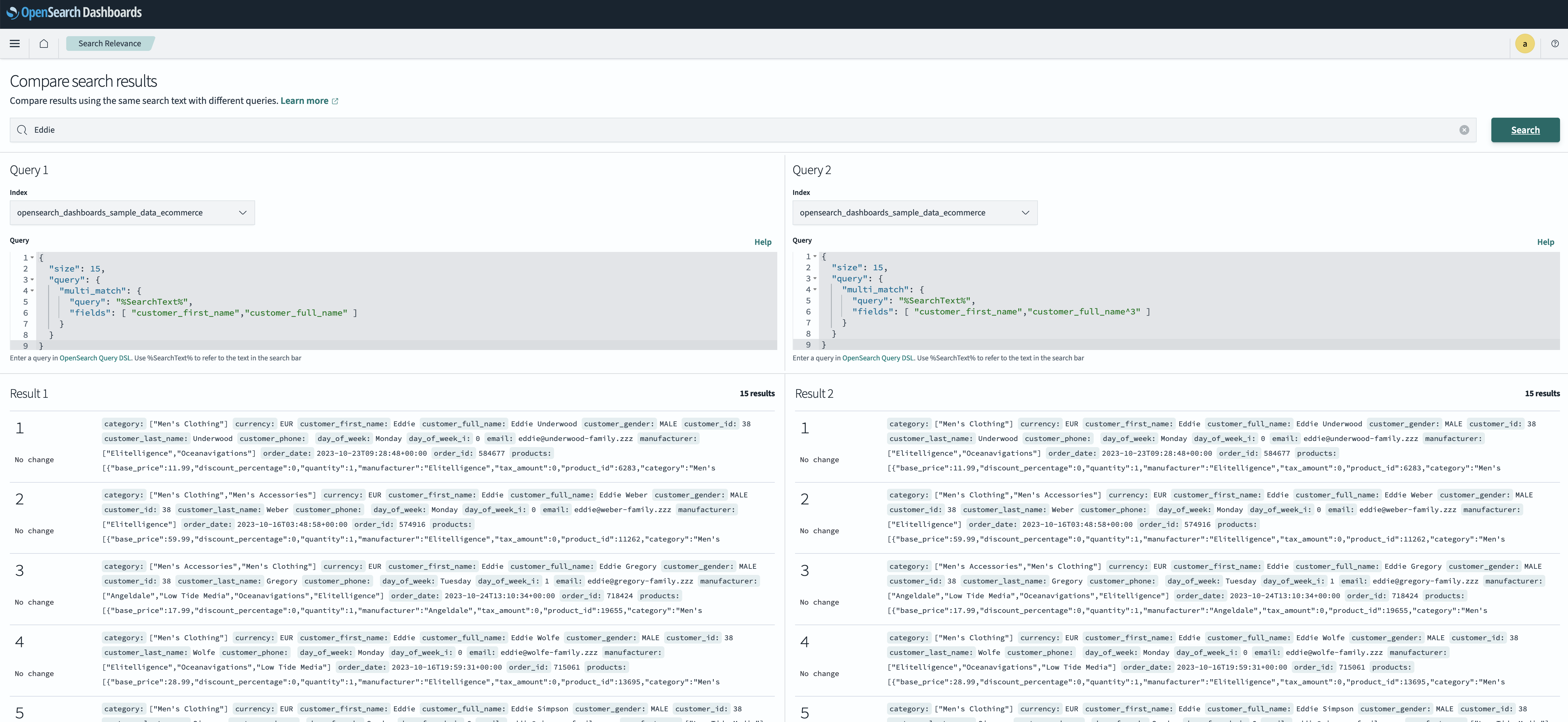 Image: The OpenSearch search comparison tool shows a side-by-side view of the results of two different query types using the same search text